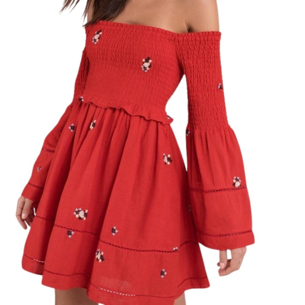 Free People Red Smocked Mini Dress with Floral Accents